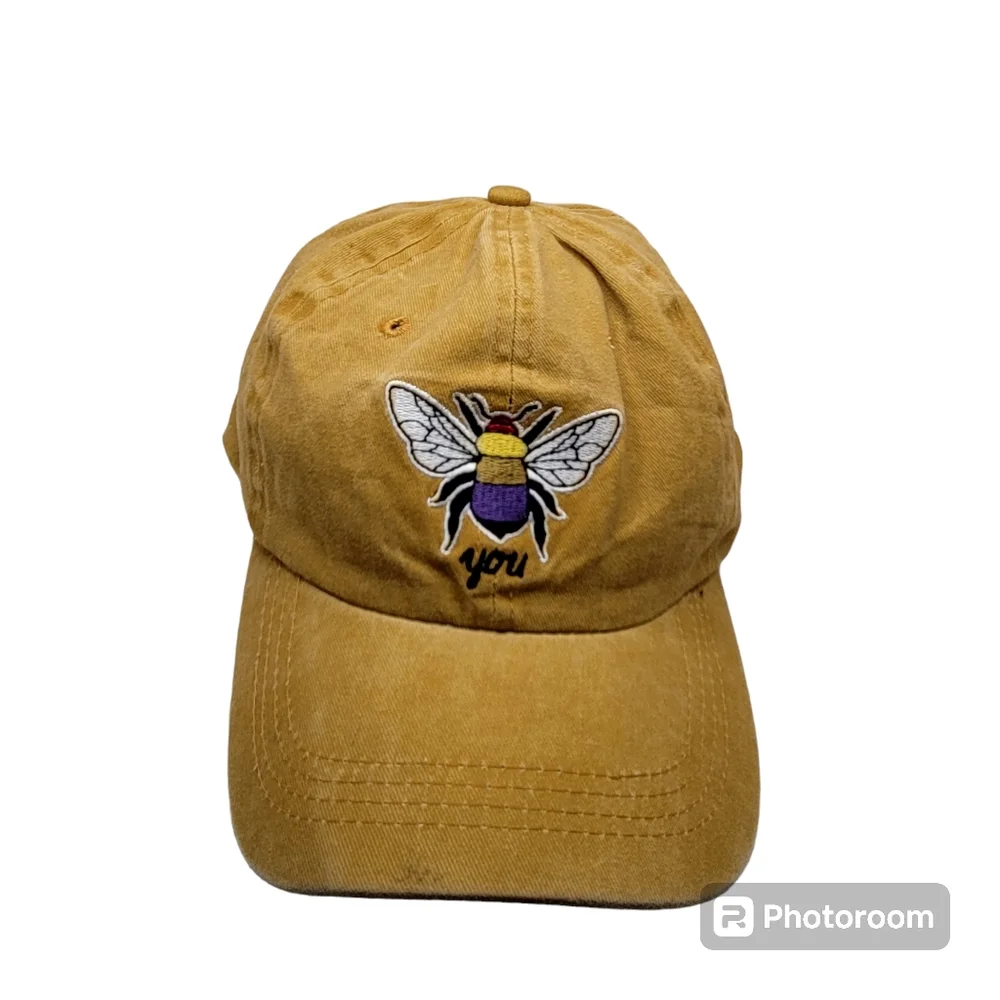 Bee Embroidered Cotton Baseball Cap Mustard Yellow Adjustable Hat